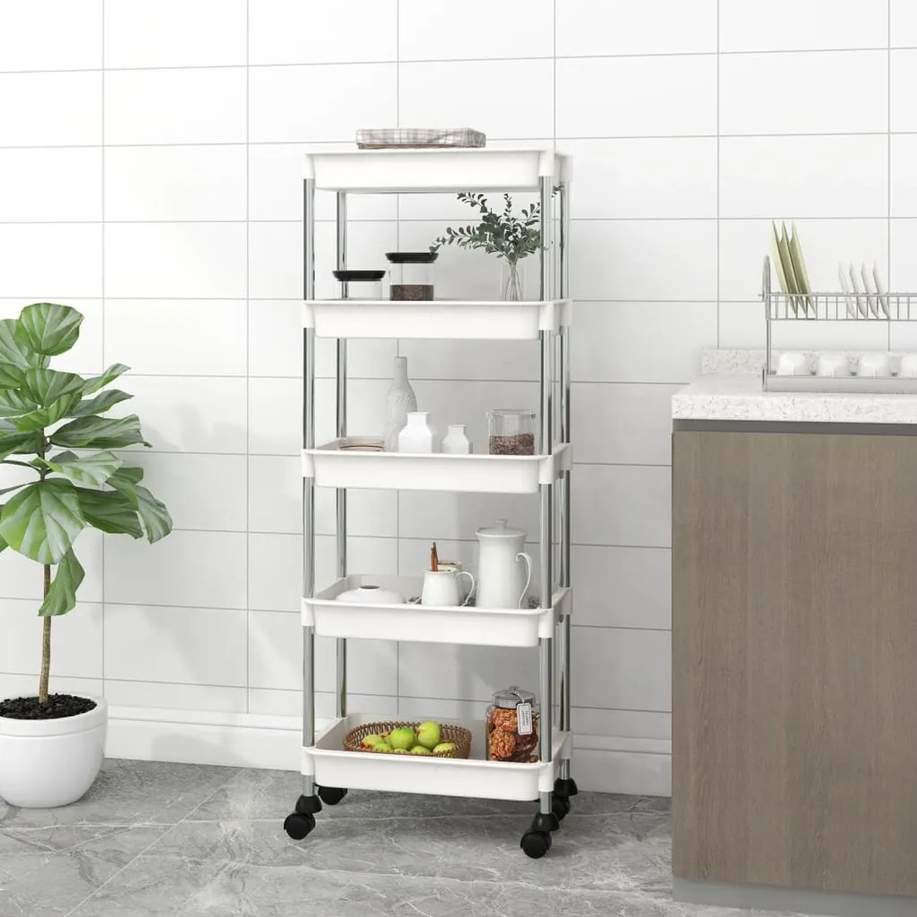 vidaXL Carrinho cozinha c/ 5 prateleiras ferro/ABS 42x29x128 cm branco