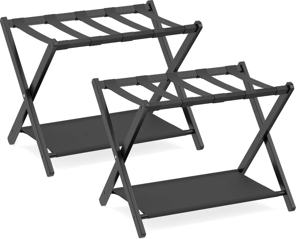 Conjunto 2 Suportes dobráveis para malas em bambu 68 x 46 x 53 cm, com correias de nylon, prateleiras de arrumação para o quarto de hóspedes ou quarto