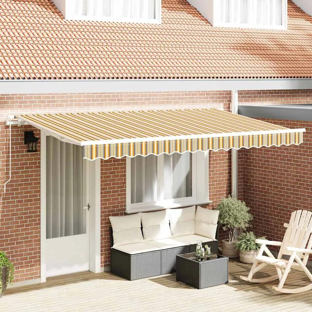 vidaXL Toldo Retrátil Manual Multicolorido e Amarelo e Cinza e Branco