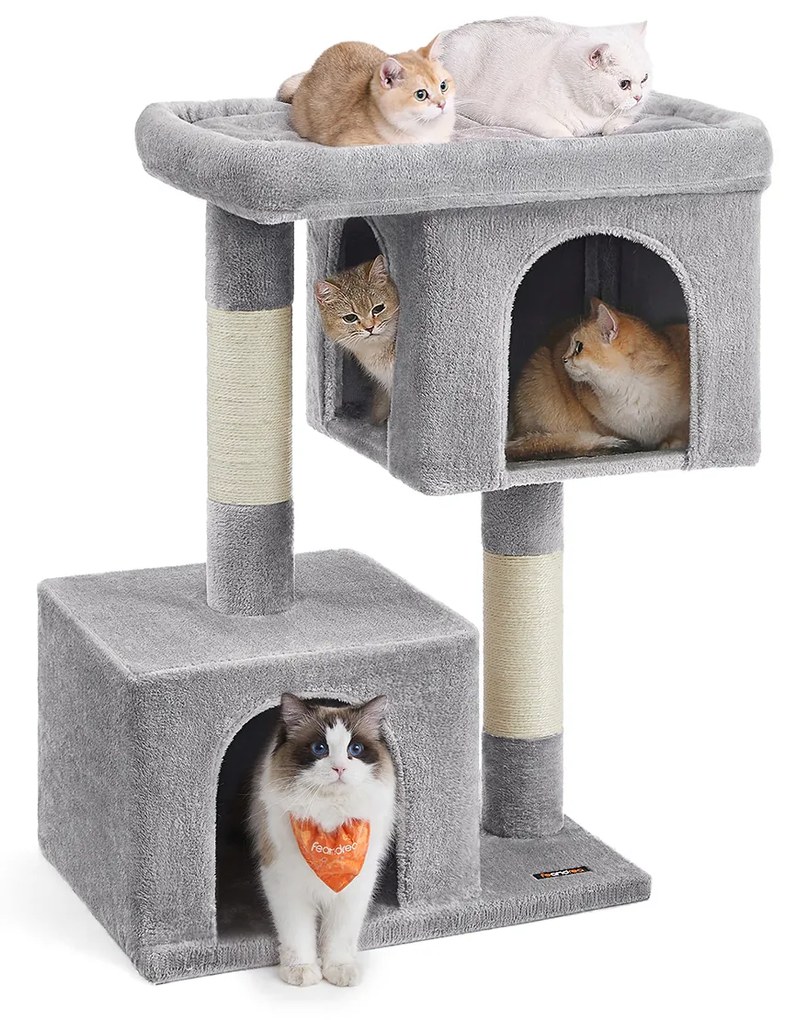 Feandrea Cat Tree, 101 cm Cat Tower, XL, Cat Condo para gatos extra grandes até 20 kg, grande poleiro para gatos, 2 cavernas para gatos, poste para arranhar, cinza claro PCT614W01