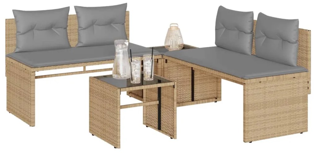4 pcs conjunto de sofás para jardim c/ almofadões vime PE bege