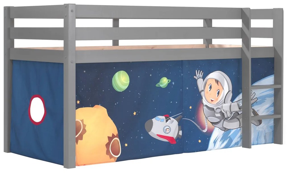 Cama alta de Criança PINO 90 x 200 cm + estrado + escada + cortina astronauta Cinzenta