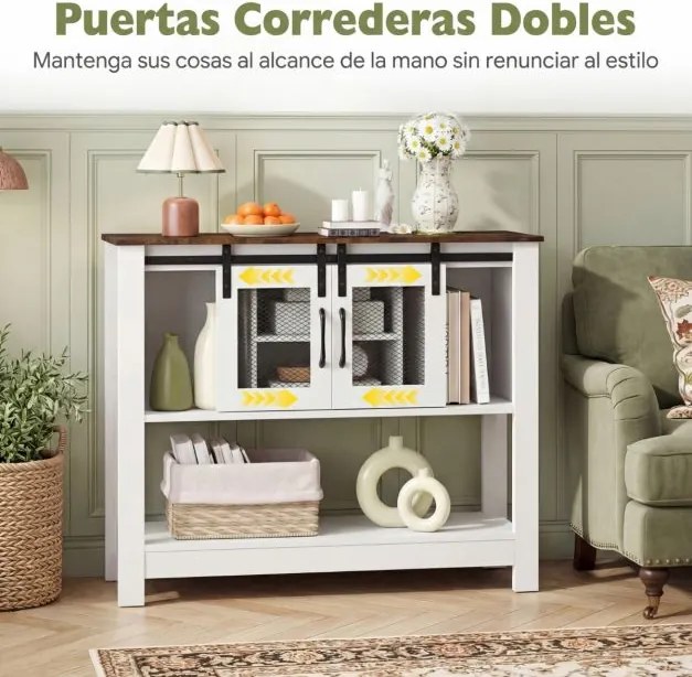 Aparador Armário de cozinha 102 x 32 x 82 cm com 2 compartimentos abertos, prateleira ajustável, portas de correr Branco+Castanho