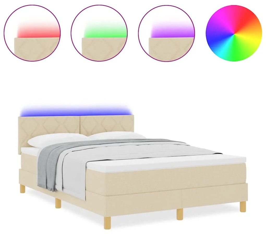 Cama Box Spring com Colchão &amp; LED Creme 140x200 cm Tecido