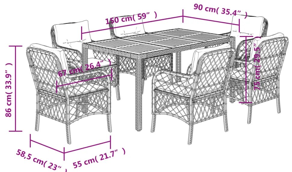 7 pcs conjunto de jantar p/ jardim c/ almofadões vime PE preto
