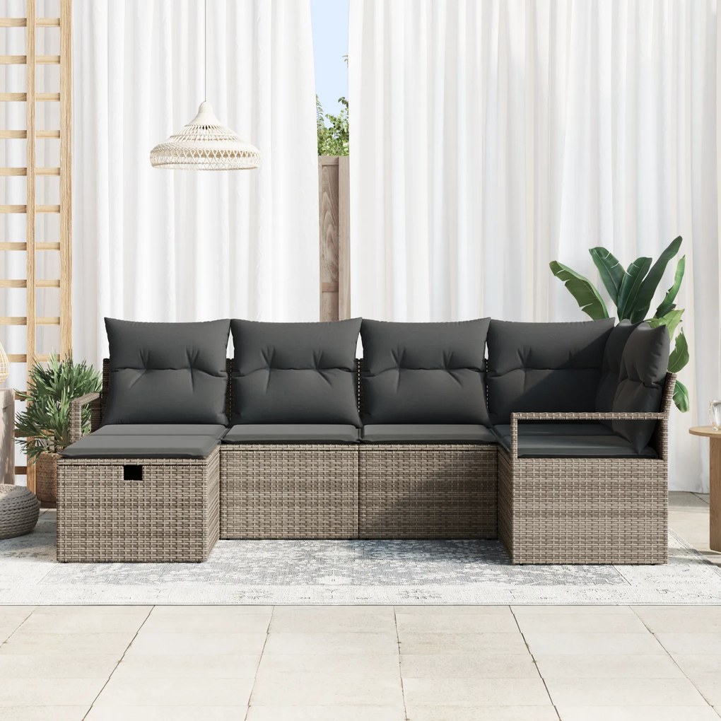 Conjunto de Sofá de Jardim de 6 Peças com Almofadas Cinza de Rattan Po