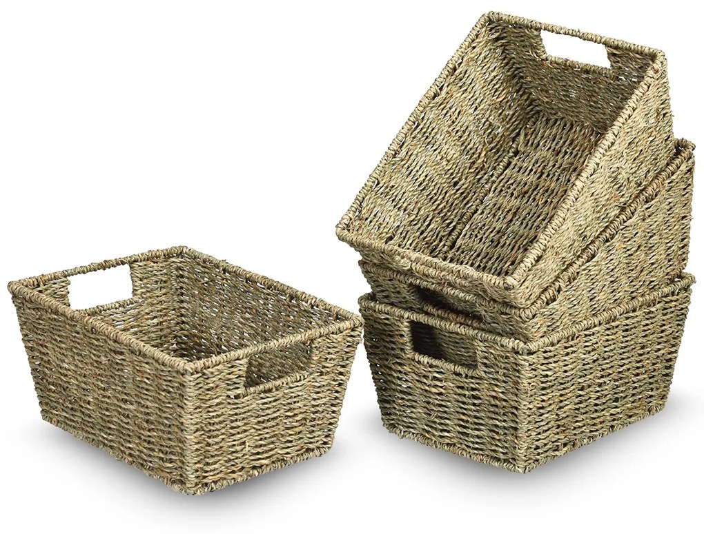 Conjunto de 4 Cestos Rectangulares em Seagrass com Pegas para Cozinha e Lavandaria 30 x 22 x 15,5 cm