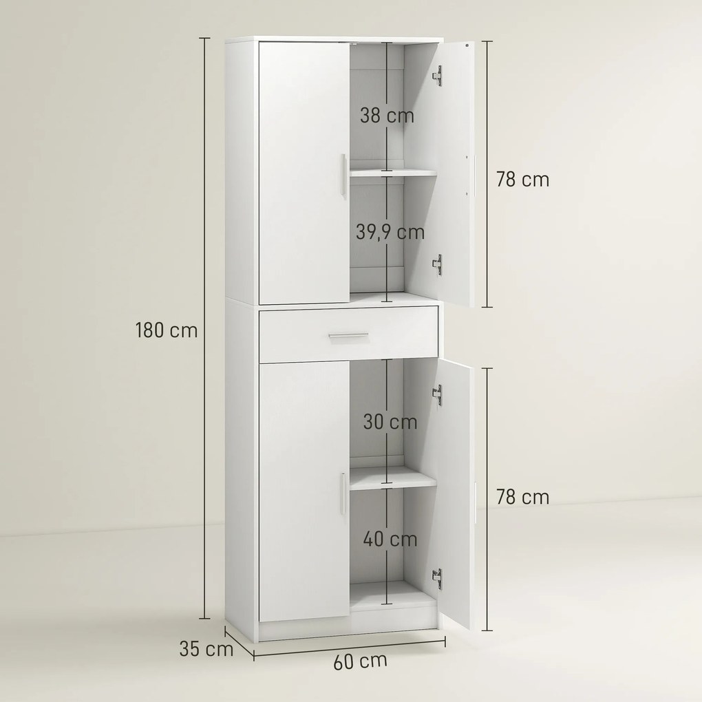 Armário de cozinha moderno com portas 60 x 35 x 180 cm, prateleiras ajustáveis e gaveta, branco