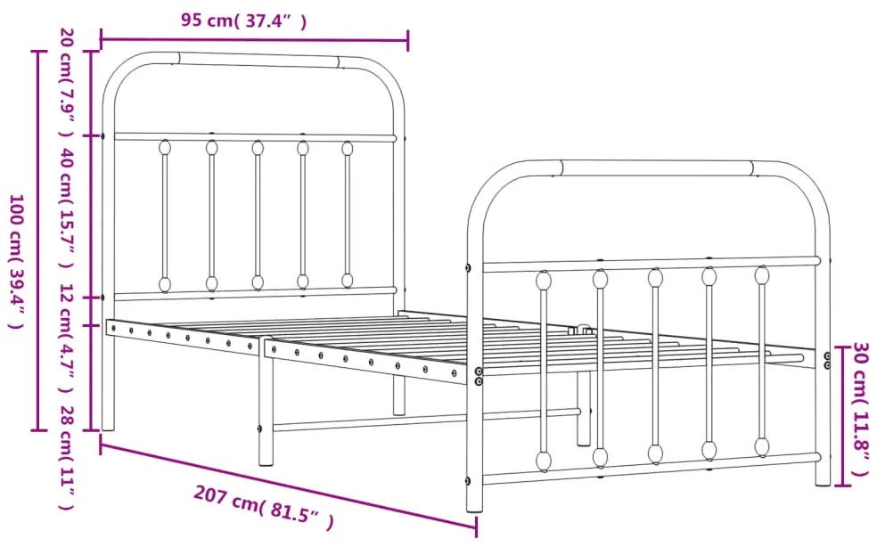 Estrutura de cama com cabeceira e pés 90x200 cm metal branco
