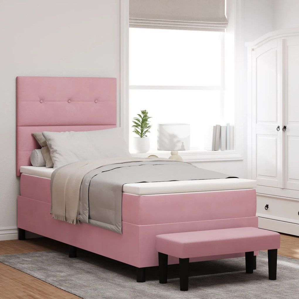 vidaXL Cama Box Spring com Colchão e Banco Rosa 90x190 cm Veludo