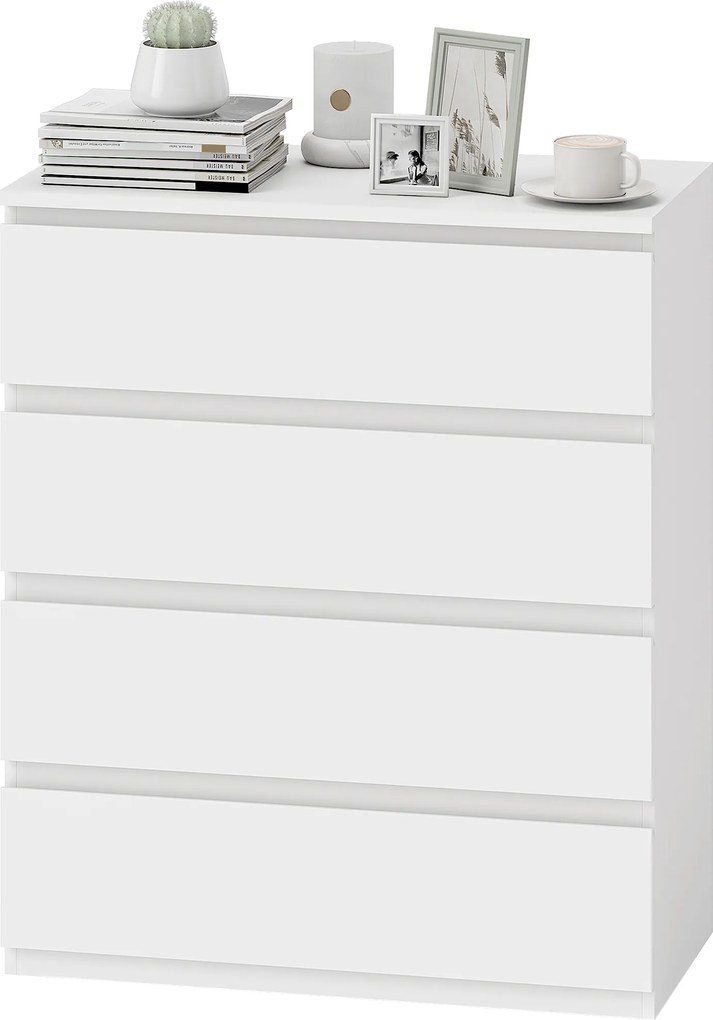 Cómoda com 4 gavetas 80 x 39 x 95 cm,, móvel de arrumação de linhas simples para o quarto, interior, em aglomerado branco