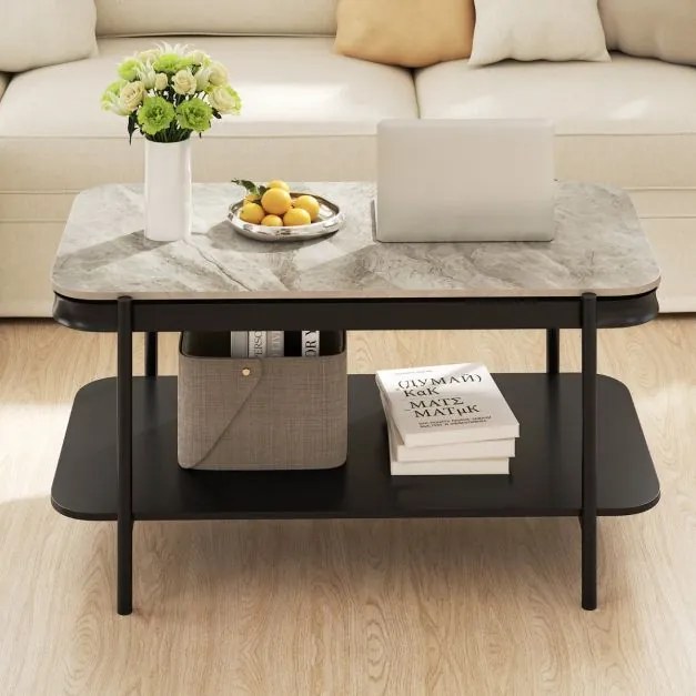 Mesa de centro Moderna Retangular 90 x 50 x 45,5 cm de 2 Níveis com Tampo Sinterizado e Estrutura Metálica Cinza