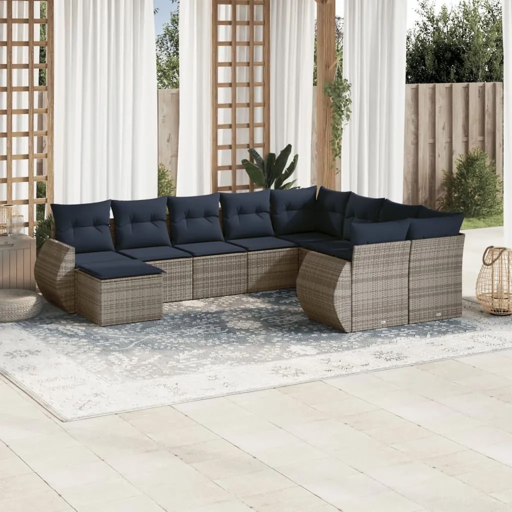 vidaXL 10 pcs conjunto sofás p/ jardim c/ almofadões vime PE cinzento