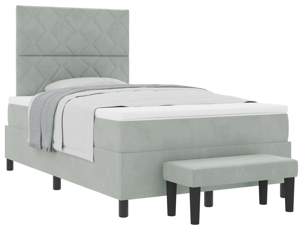 Cama Box Spring com Colchão e Banco Cinza Claro 120x200 cm Veludo
