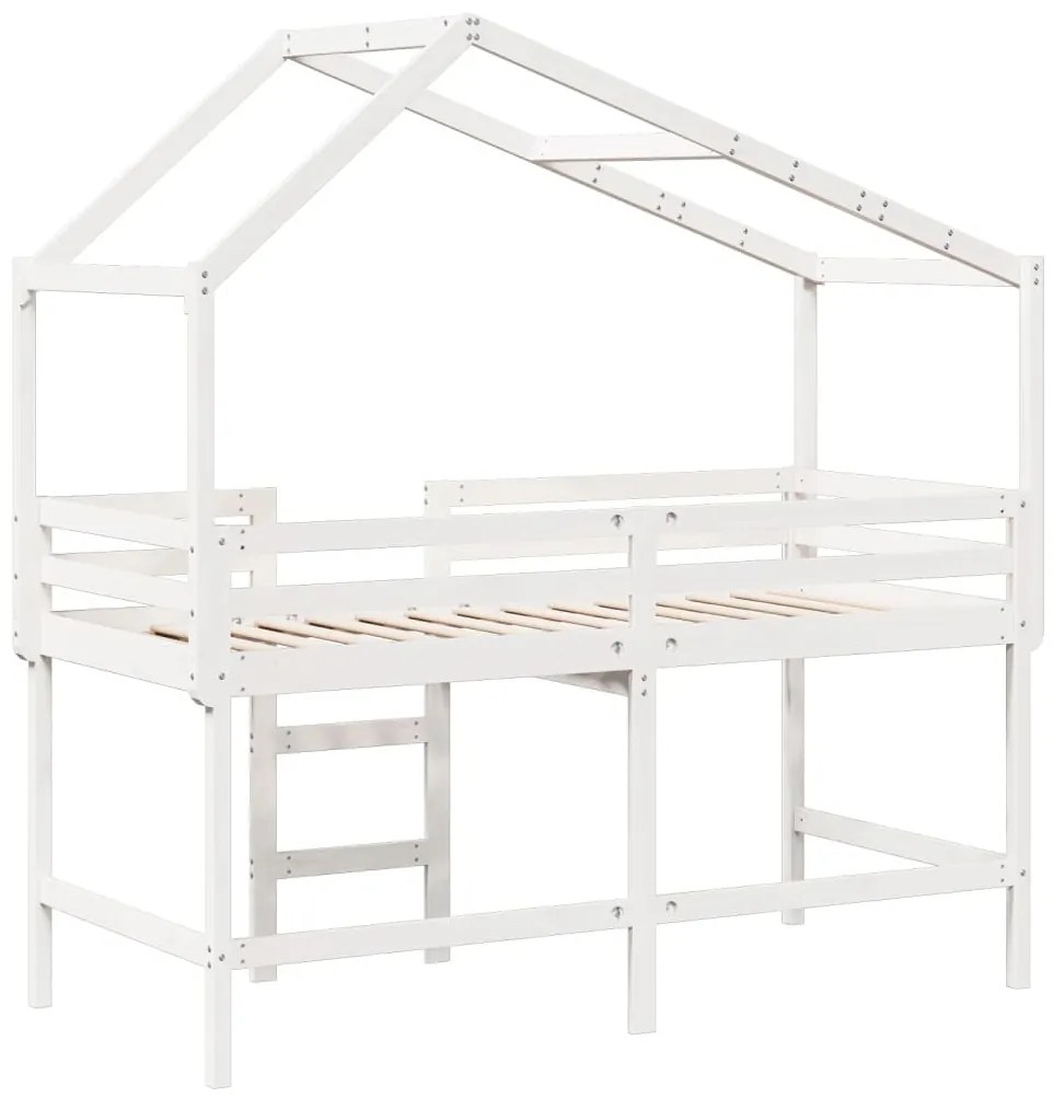 Cama alta c/ escada e telhado 90x200 cm pinho maciço branco