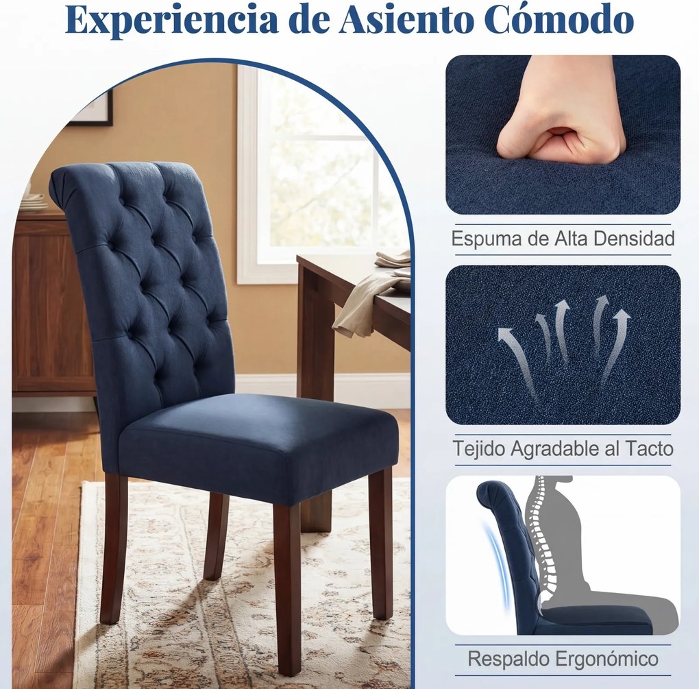 Conjunto de 2 cadeiras de jantar com encosto alto, assento almofadado e pernas em madeira maciça para sala de jantar em azul-marinho