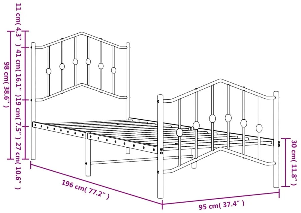 Estrutura de cama com cabeceira e pés 90x190 cm metal branco