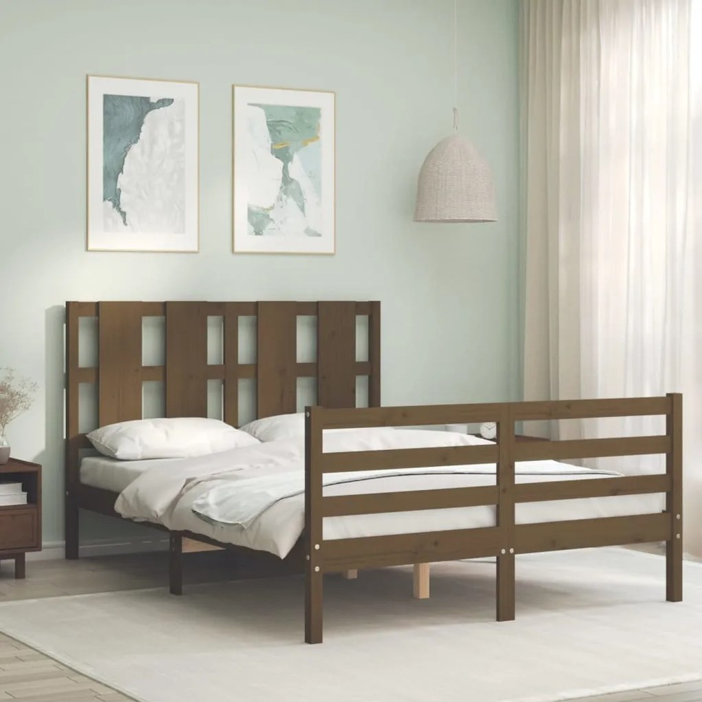 Estrutura de cama dupla pequena 4FT madeira maciça castanho-mel