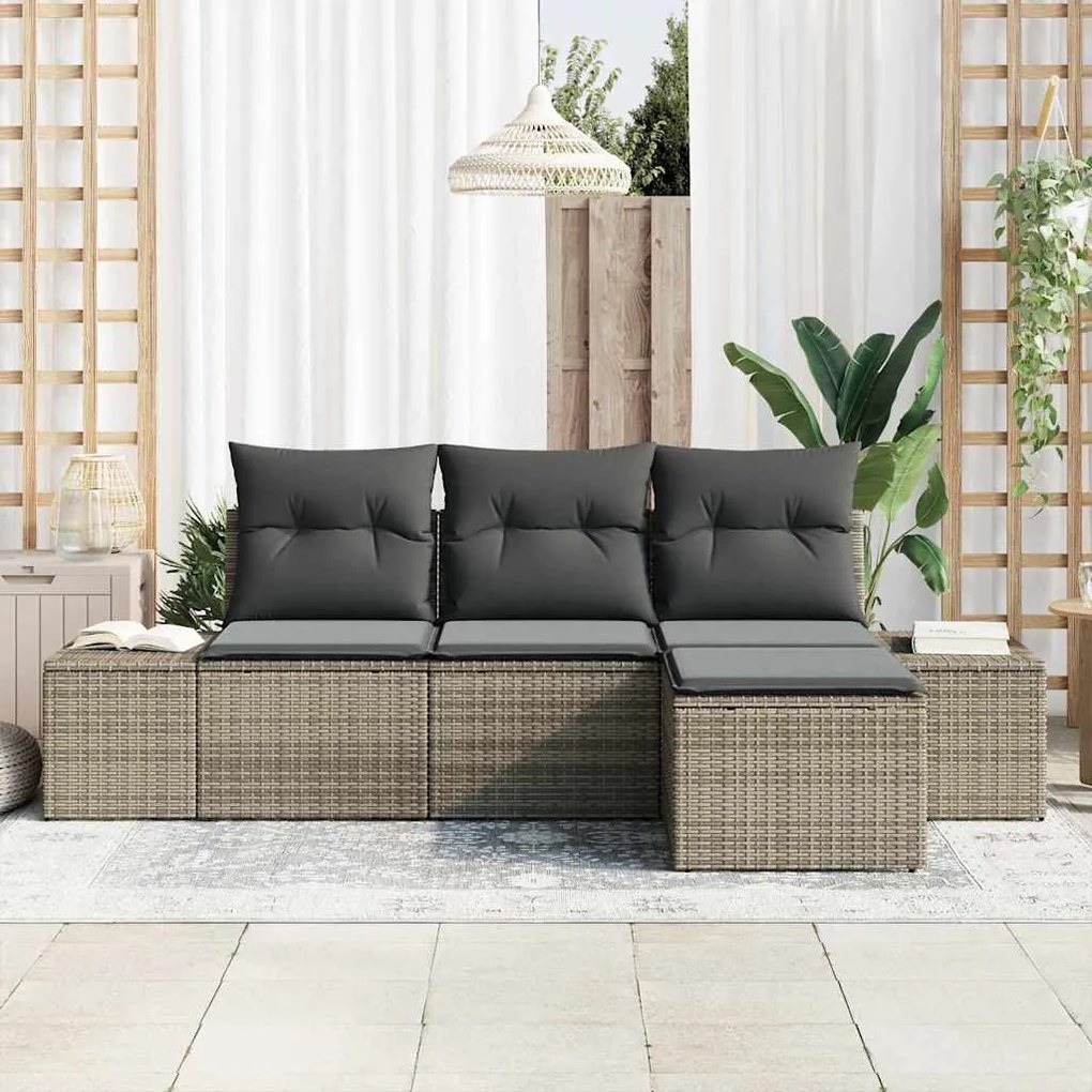 Conjunto de Sofá de Jardim de 4 Peças com Almofadas em Cinza de Rattan