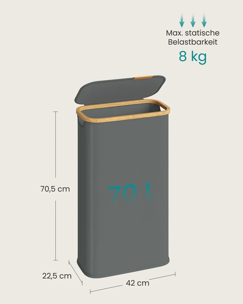 Cesto da roupa suja 42 x 22,5 x 70,5 cm com tampa, 70 litros, em tecido Oxford cinzento ardósia