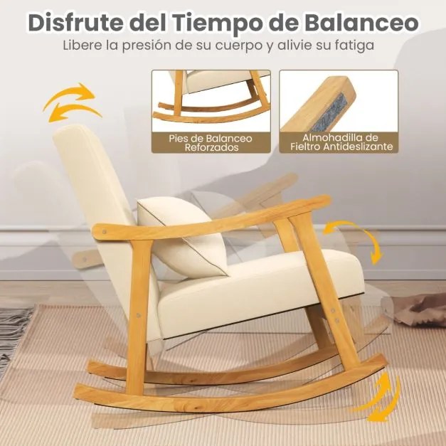 Cadeira de baloiço com almofada lombar Encosto e assento acolchoados Estrutura em madeira de borracha bege