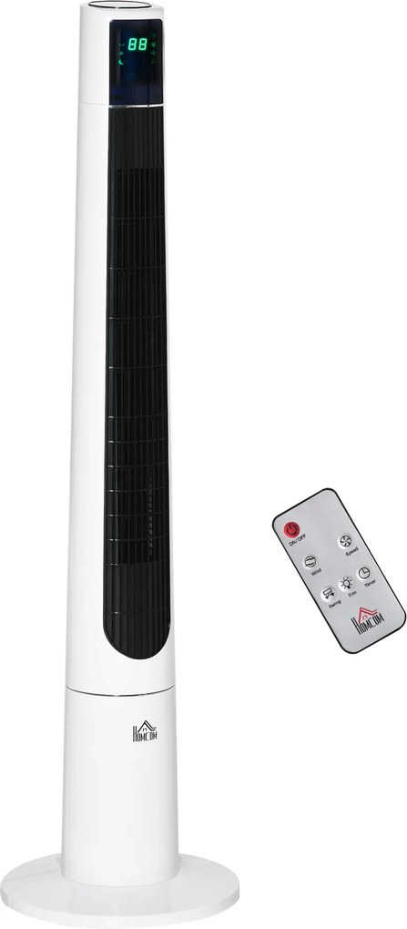 HOMCOM Ventoinha de Torre Silenciosa 50W com Controlo Remoto 3 Velocidades 3 Modos Temporizador 12 H Oscilação 40°Branco | Aosom Portugal