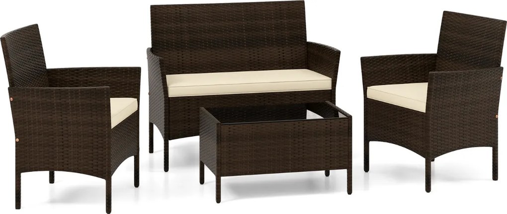 Conjunto de jardim, 4 peças: mobiliário de exterior com cadeira, sofá de 2 lugares e mesa de vidro temperado Castanho misto e almofadas Creme