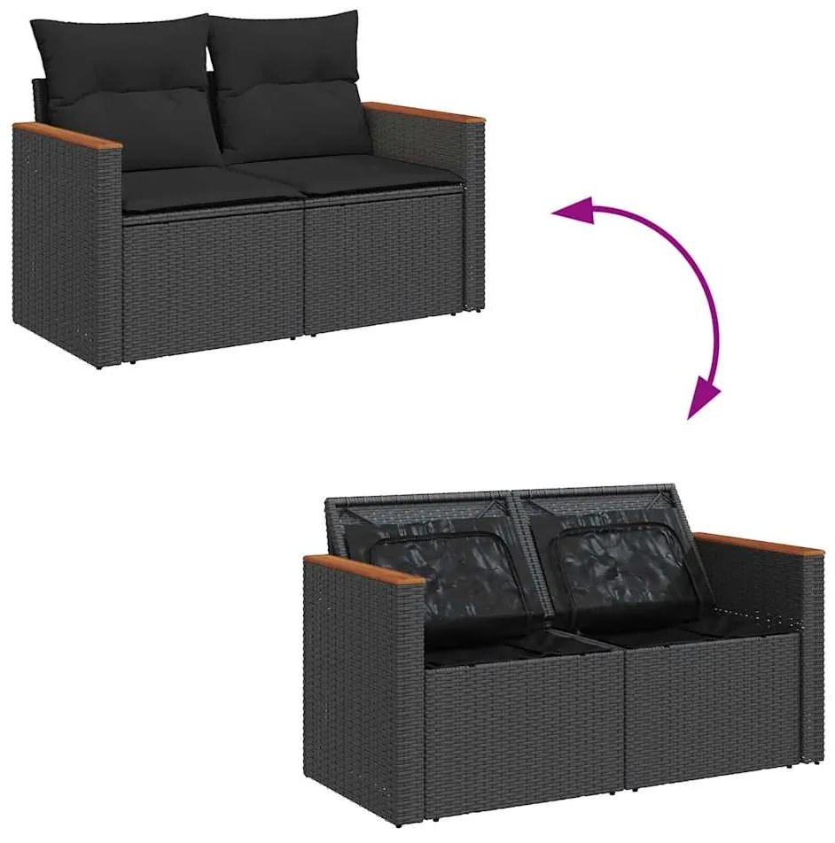 7 pcs conjunto de sofás p/ jardim c/ almofadões vime PE preto