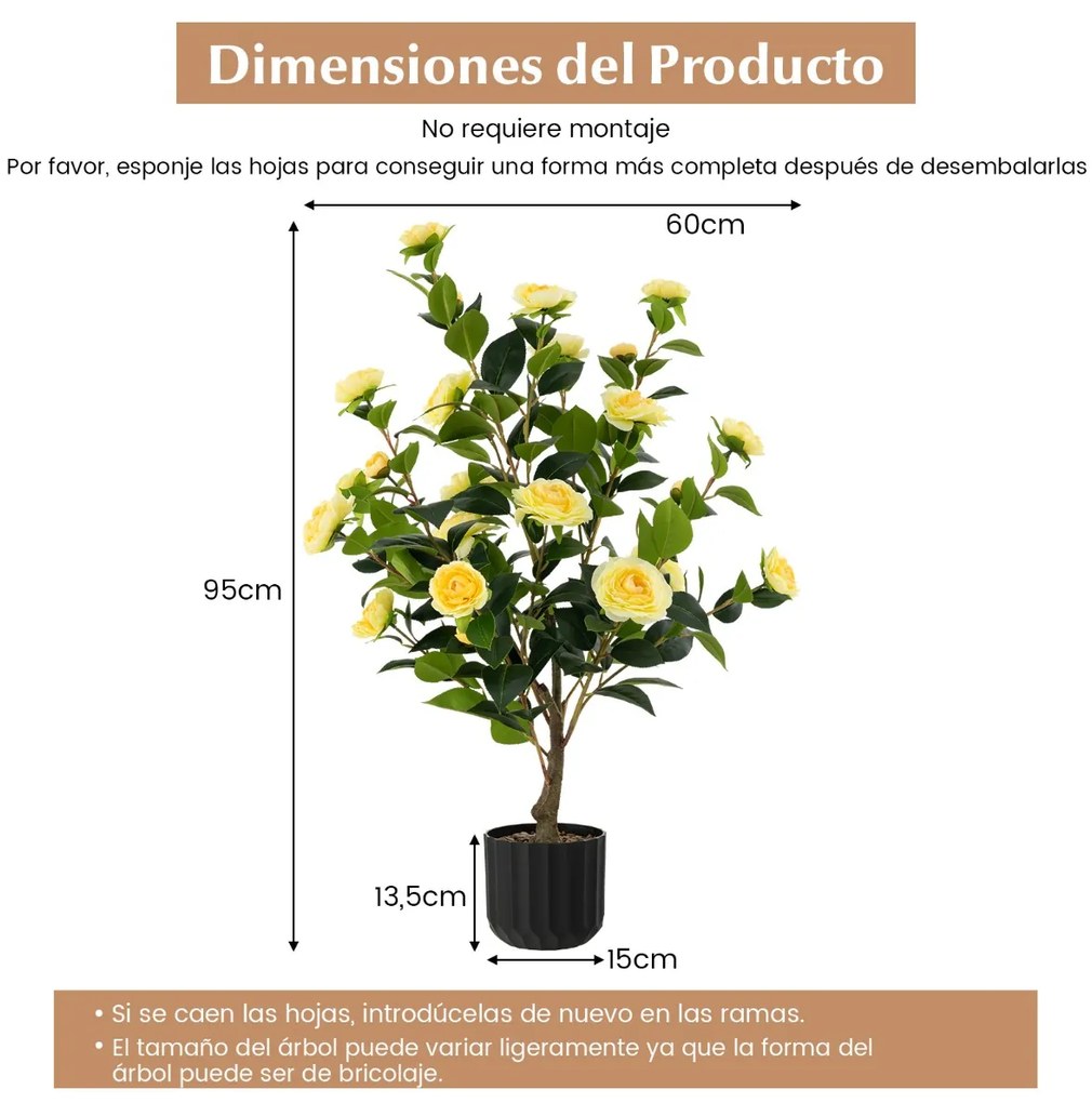 Conjunto de 2 árvores de camélia artificiais 95 cm Planta de flor falsa num vaso de cimento Amarelas