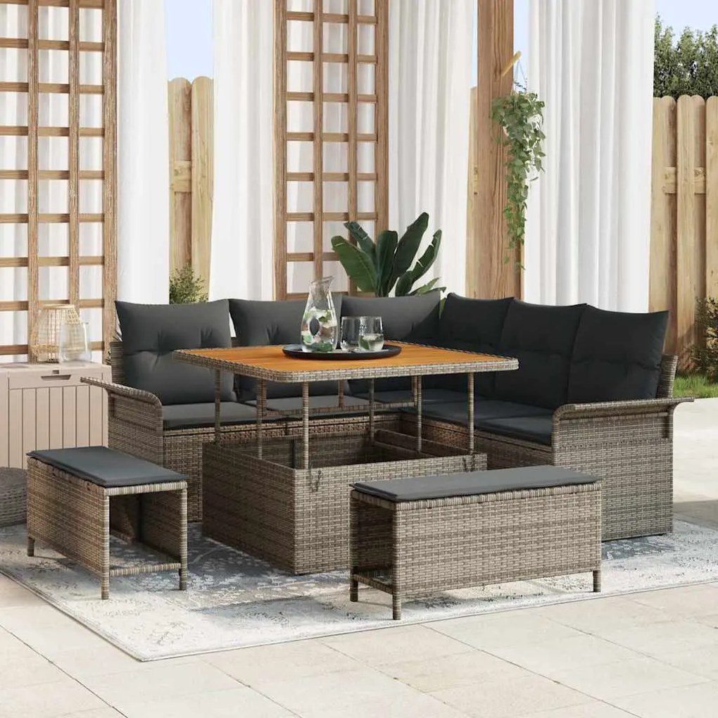 vidaXL Conjunto de Sofá de Jardim de 8 Peças com Almofadas em Rattan Cinza e Acácia.