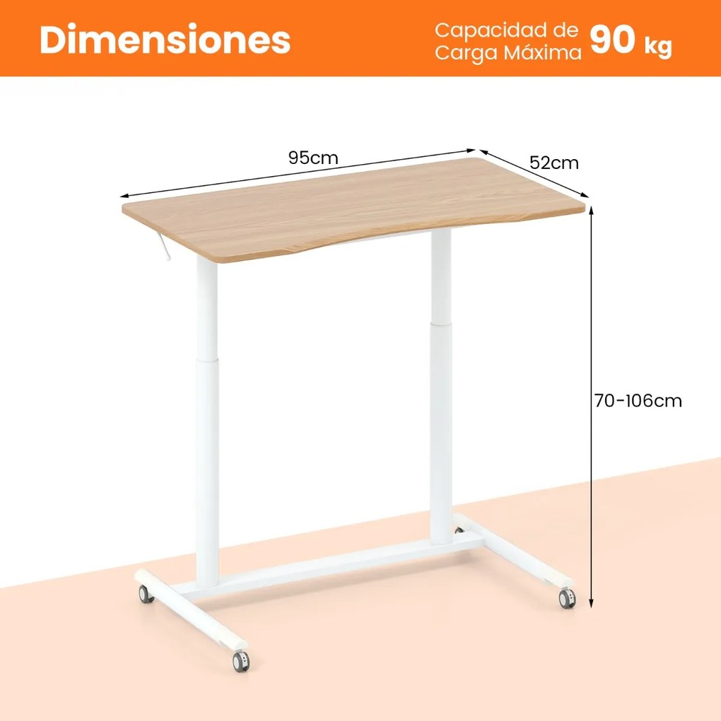 Secretária com altura ajustável em C 95 x 52 x 70-106 cm com rodas bloqueáveis e estrutura metálica para escritório Natural
