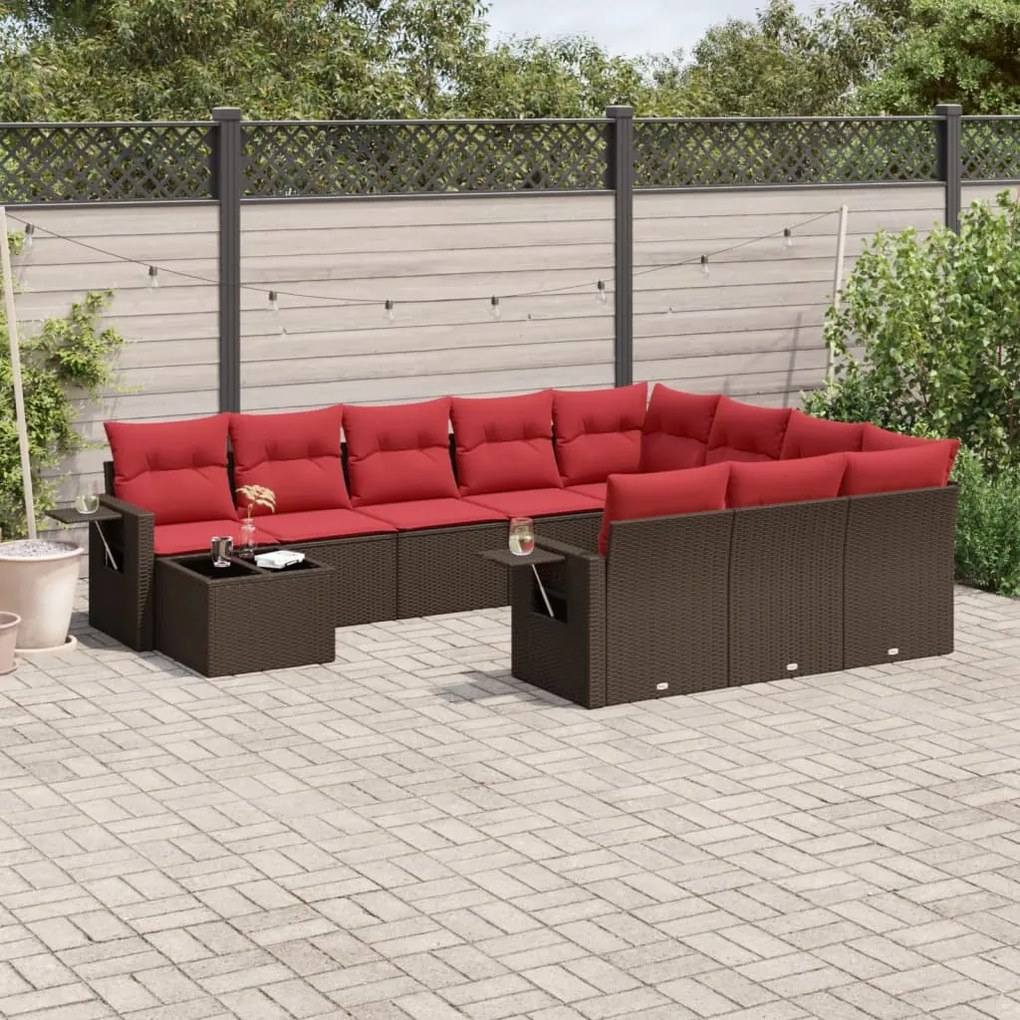 vidaXL 11 pcs conjunto sofás de jardim c/ almofadões vime PE castanho