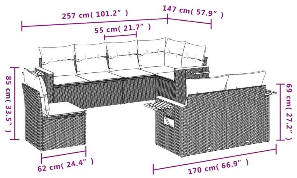 8 pcs conjunto de sofás p/ jardim com almofadões vime PE bege