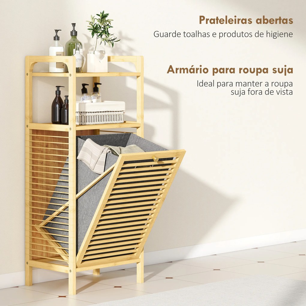 Armário para Roupa de Bambu Móvel Auxiliar para Casa de Banho 40x30x95 cm com 2 Prateleiras Abertas Cesto Amovível Madeira