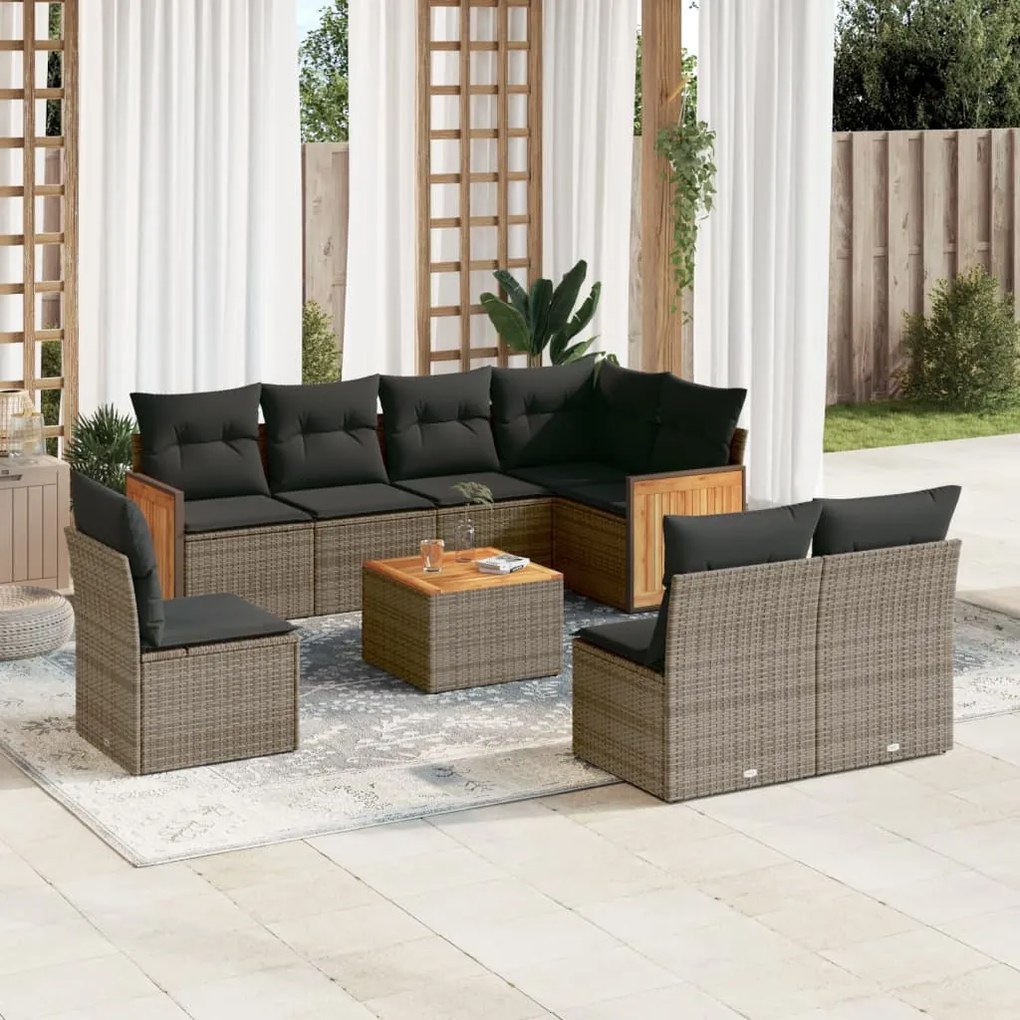 vidaXL 9 pcs conjunto sofás p/ jardim com almofadões vime PE cinzento