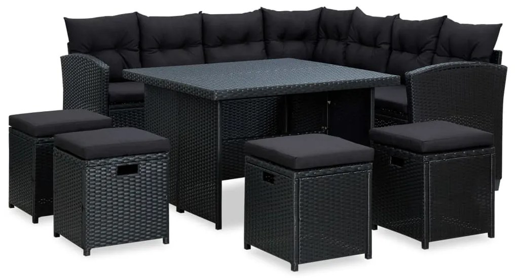 6 pcs conjunto lounge de jardim c/ almofadões vime PE preto