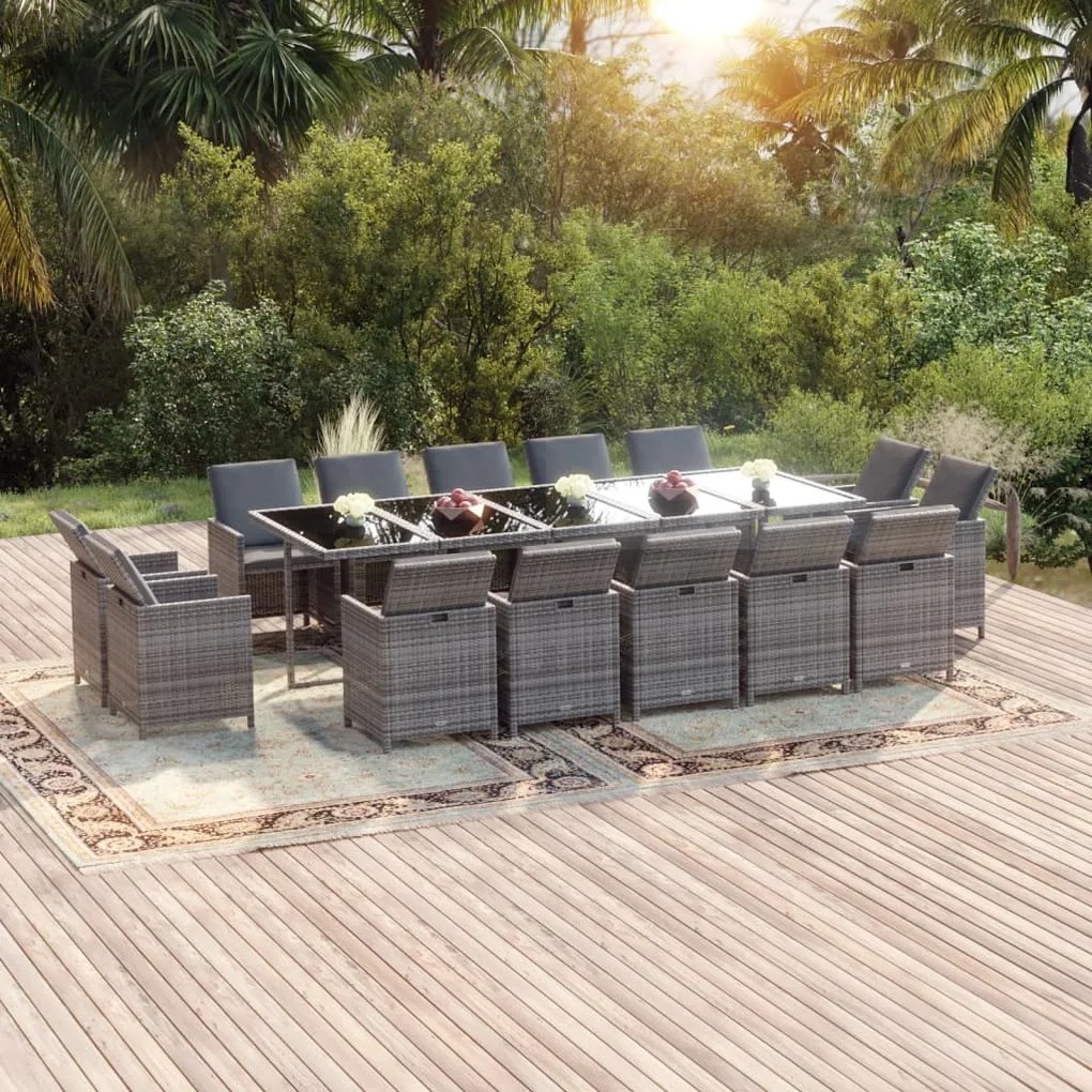 vidaXL 15 pcs conjunto jantar p/ jardim c/ almofadões vime PE cinzento