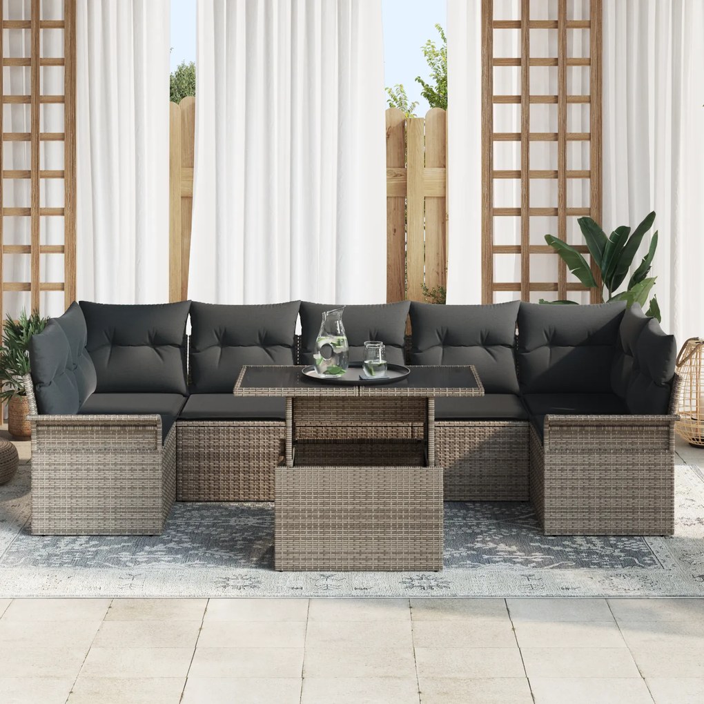 Conjunto de Sofá vidaXL de 8 Peças com Almofadas Cinza Rattan Poli, So