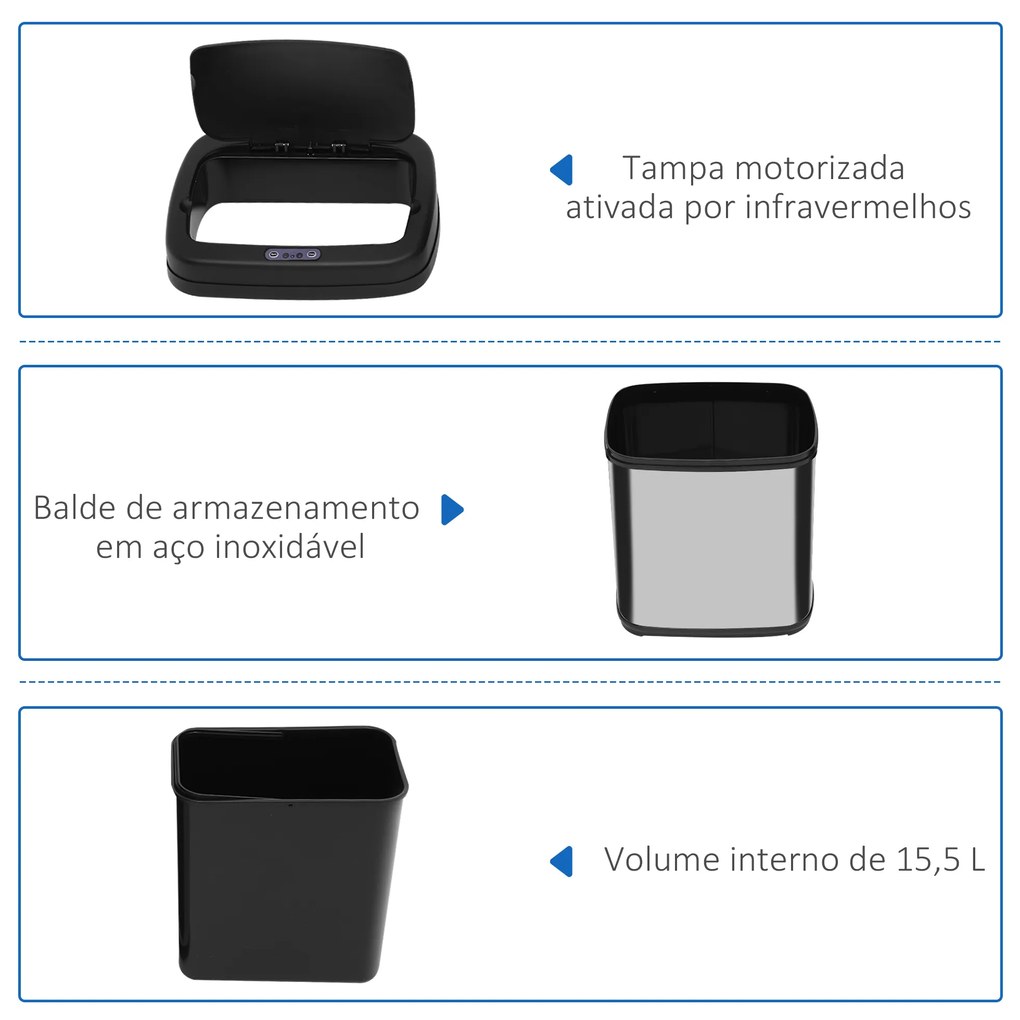 Balde de Lixo Automático 20L com Sensor Infravermelho Abertura Automática Cubo Amovível  33x25x42,5 cm Prata e Preto