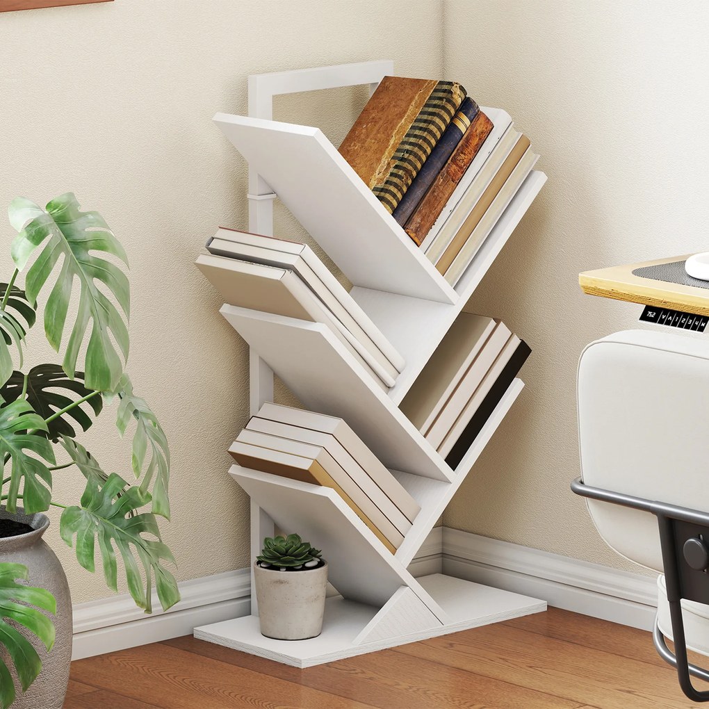 Estante em Forma de Árvore de 5 Níveis Estante de Livros com 5 Prateleiras e Estrutura de Aço 50x24x82 cm Branco