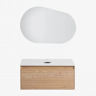 Conjunto De Móvel De Casa De Banho Em Madeira De Freixo Tedrik Castanho Fresno & Sem Lavatório & Oval Led E Anti-embaciamento 100x65 Cm Meunier -