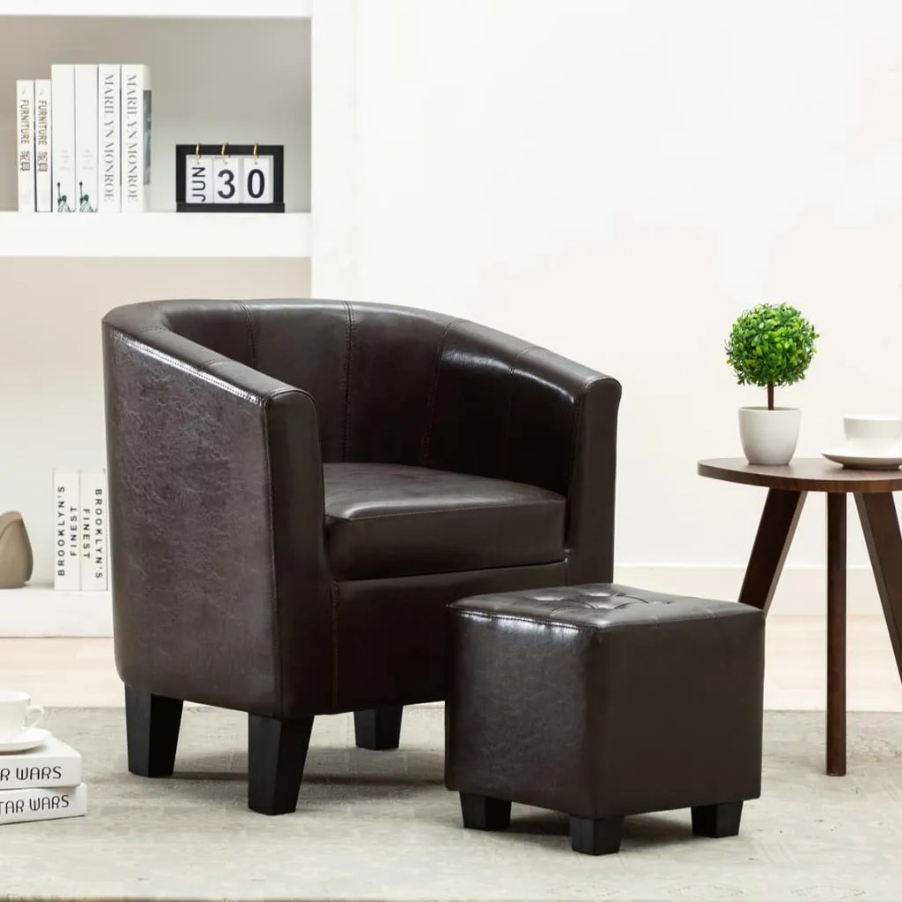 248059 vidaXL Poltrona com apoio de pés couro artificial castanho-escuro