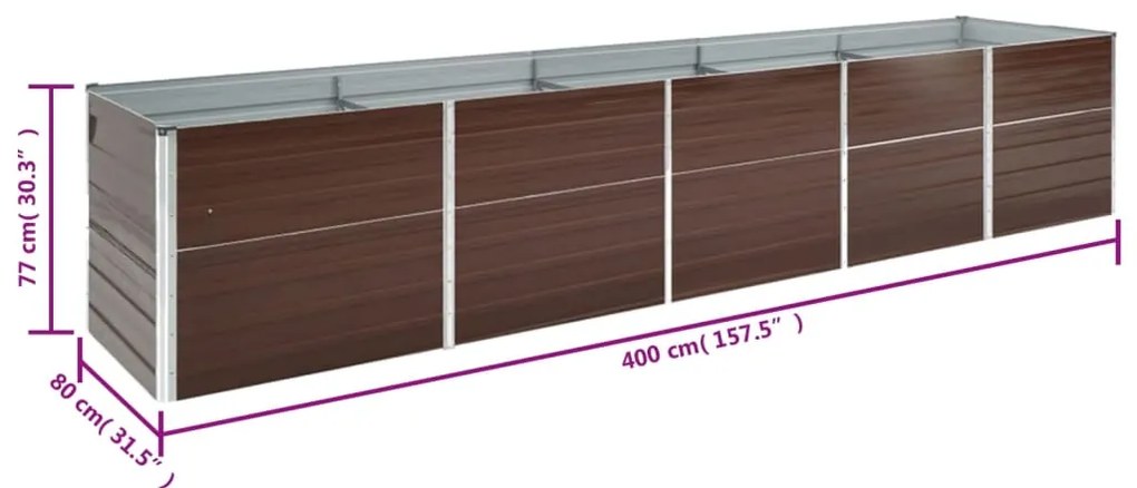 Canteiro jardim elevado 400x80x77cm aço galvanizado castanho