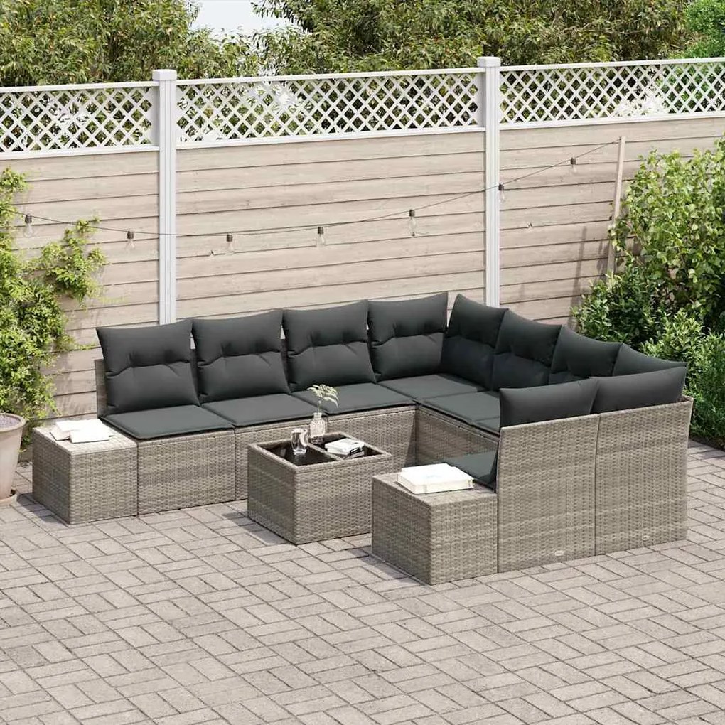 Conjunto de Sofá de Jardim com 9 peças e almofadas cinza claro em ratt