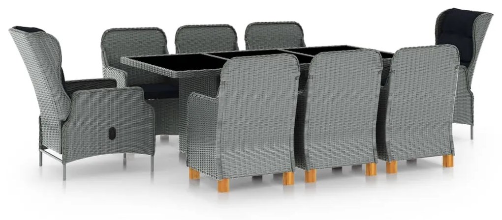 vidaXL 9 pcs conj. jantar exterior + almofadões vime PE cinzento-claro