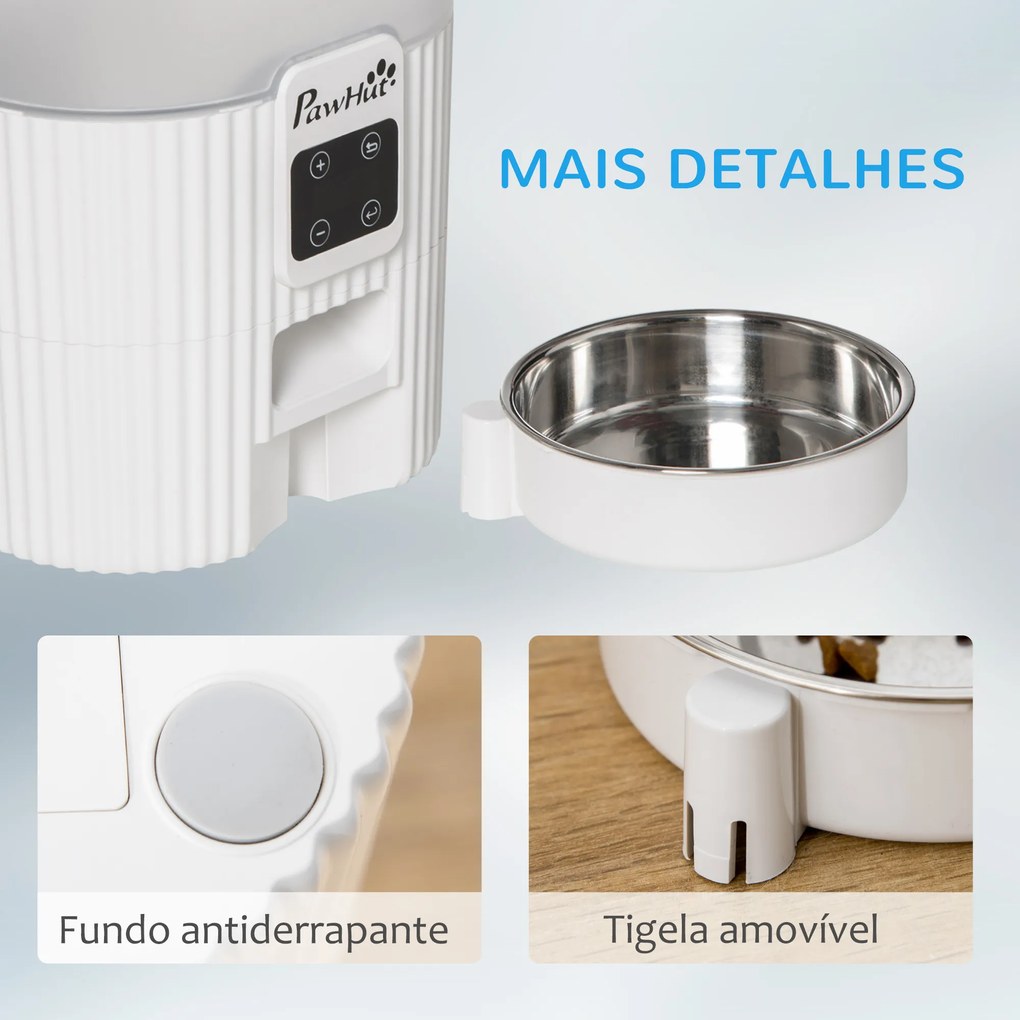 PawHut Comedouro Automático para Cães e Gatos 3,5L com Ecrã LED Temporizador Gravador de Voz Programável 4 Refeições ao Dia Tigela Removível e Lavável 20,5x25x28cm Branco