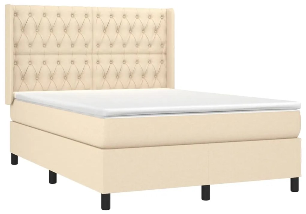 Cama box spring c/ colchão e LED 140x190 cm tecido cor creme