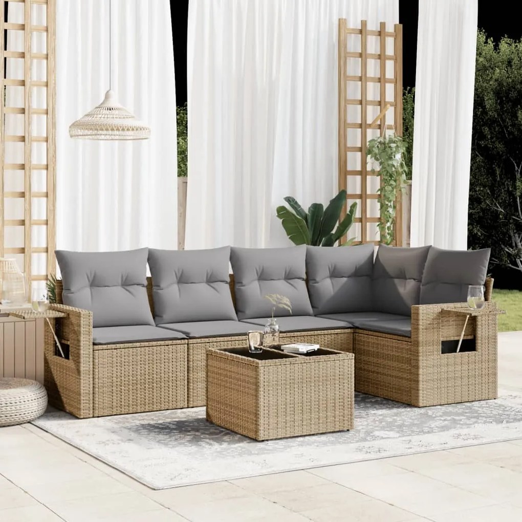 6 pcs conjunto de sofás p/ jardim com almofadões vime PE bege