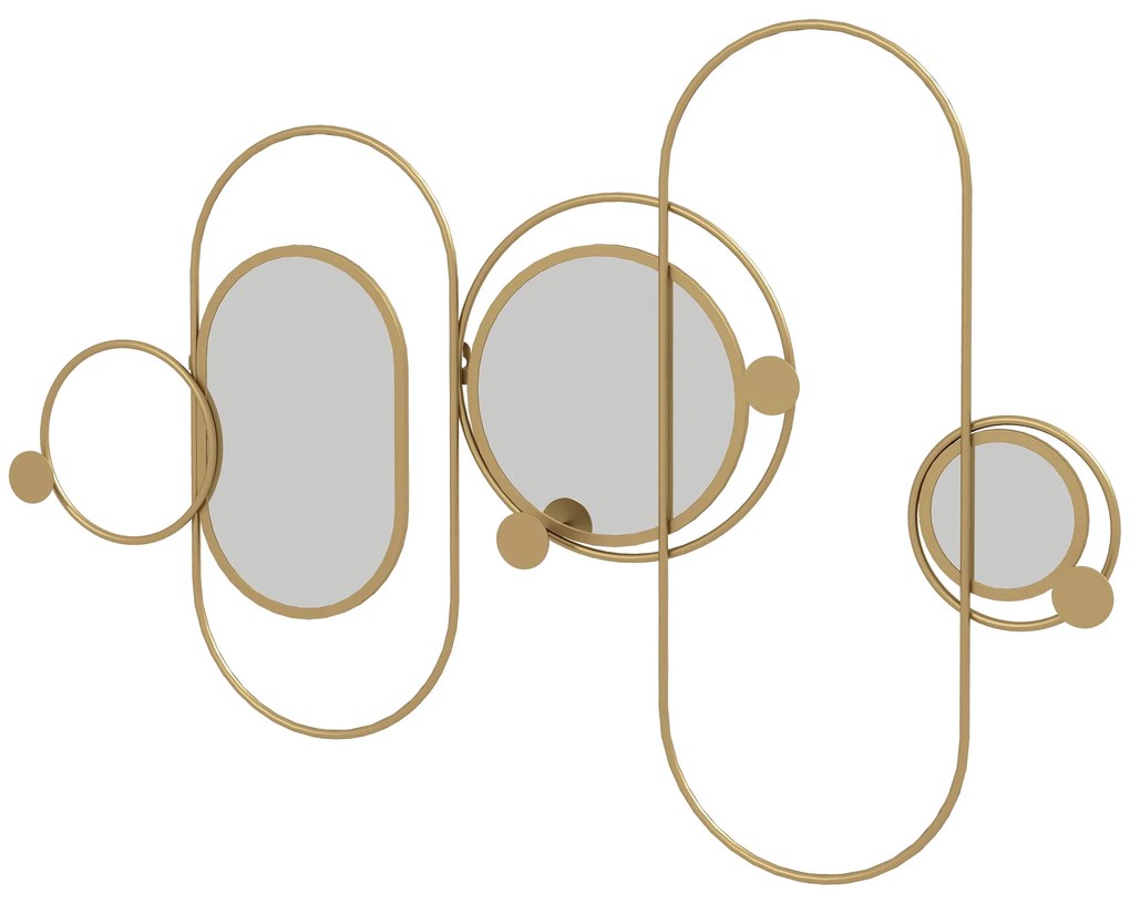 Cabide de Parede com 4 Ganchos e 3 Espelhos Decorativos para Pendurar Casacos Bolsas para Entrada Corredor 106x71 cm Dourado