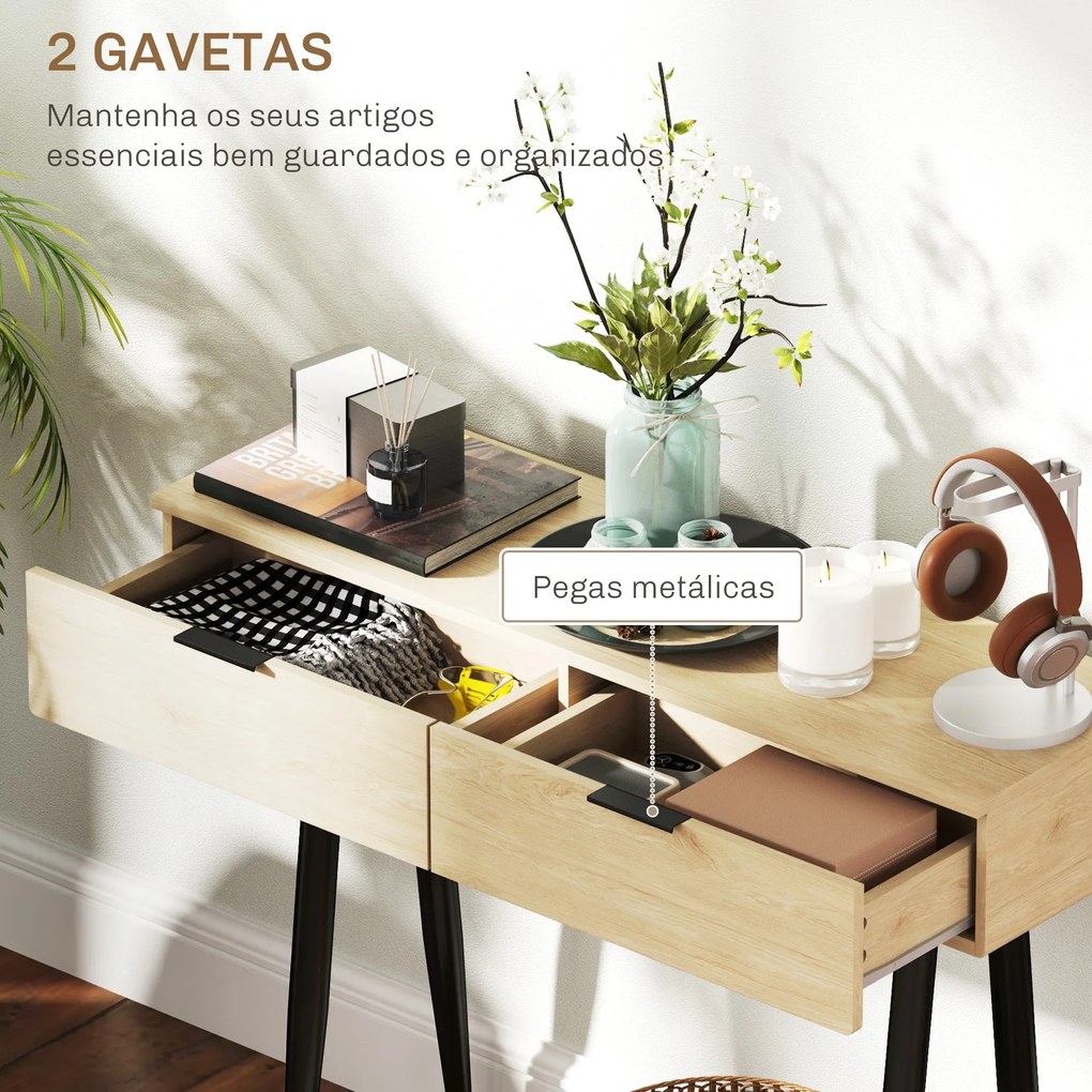 Mesa Consola Móvel para Entrada com 2 Gavetas e Pés de Aço Consola par